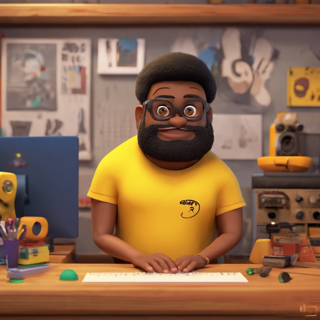 create a 16:9 Pixar-style image from the movie "Soul". It must contain a 34-year-old Brazilian man, dark skinned, slightly overweight, 1.68 meters tall, straight Latin style hair, short and full beard, wears blue glasses and plays the keyboard with a DCLR camera hanging around his neck. He must look stylish in a black t-shirt with black and yellow "Atos Sound" logo. He is on a wooden platform as if it were a stage, with a black wall in the background. Develop this art in Full HD, Focus on your cinematic touch, Disney Pixar Animations Style