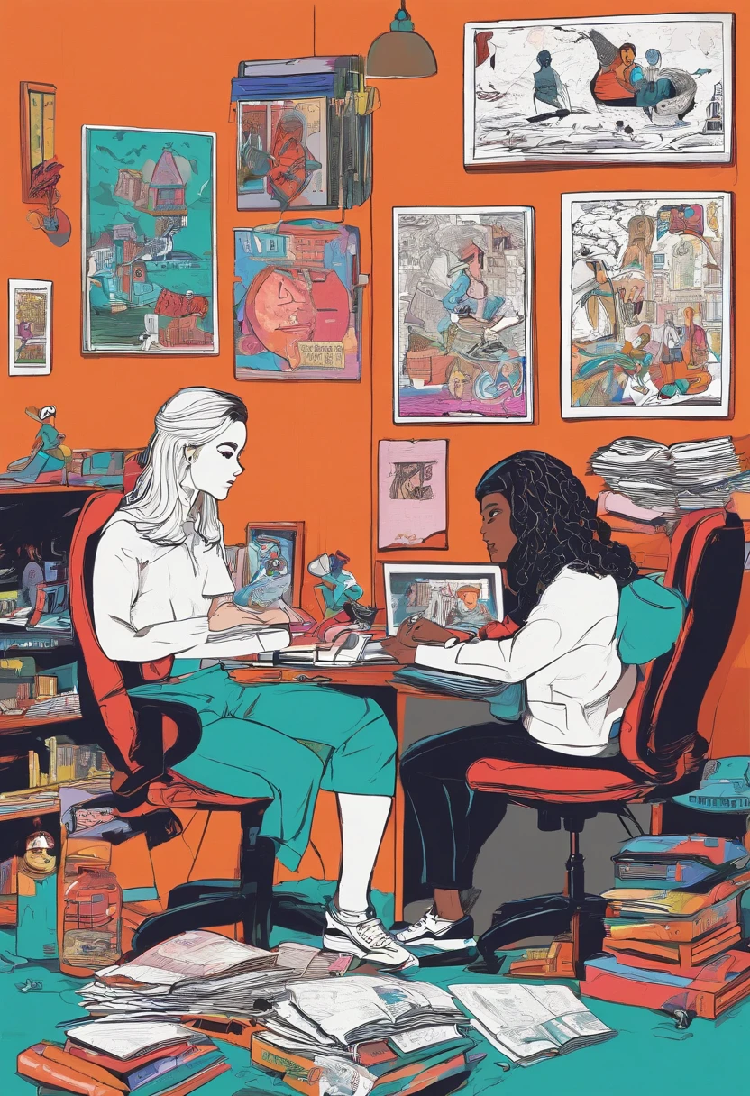 dois personagens de costas no estilo pixar.uma mulher branca,de cabelo castanho preso, de pijamas,She's using a black laptop.o outro,It's a white man with black hair,Wearing knee-high shorts, sem camisa, usando um pc gamer com led.em um quarto de games escuro com quadros do senhor dos aneis.The two are sitting side by side,em cadeiras pretas de escritorio,usando uma mesa longa de madeira e com gavetas no meio.She's on the left side,ele do lado direito.