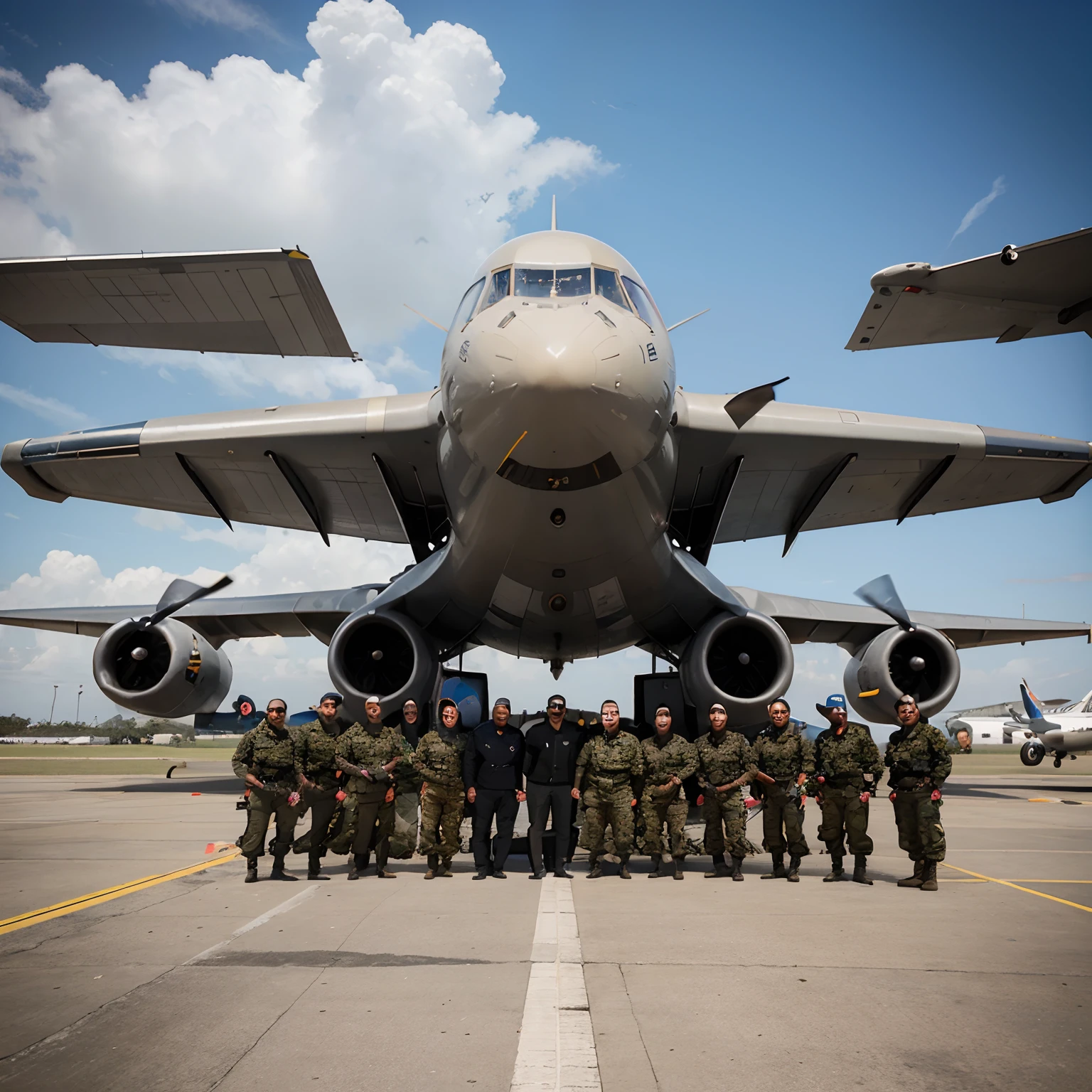Imagem ultra realista, foto antiga, 10 soldados , 1 soldado ????? com sobrepeso, Cargo plane in the background with shark front, written TEAMGEIST in yellow on the plane, blue skies,