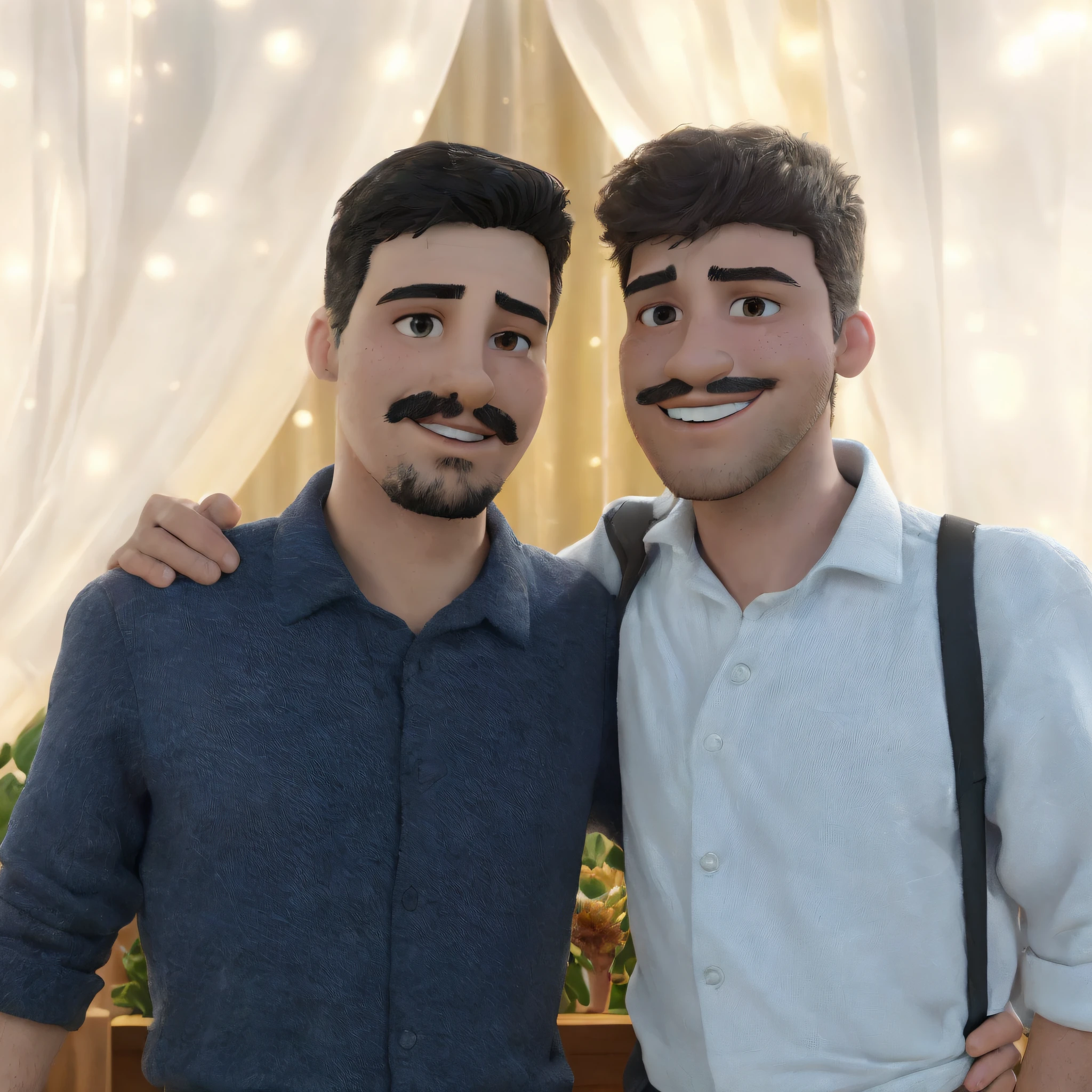There are two men standing next to each other in front of a white curtain, dois rapazes, com bigode, dois homens bonitos, Petros e Leonid, Ayanamikodon e Irakli Nadar, Condutor de Ene, Pablo Carpio e Jordan Grimmer, Ghutra e Egal, Directed by: Nandor Soldier