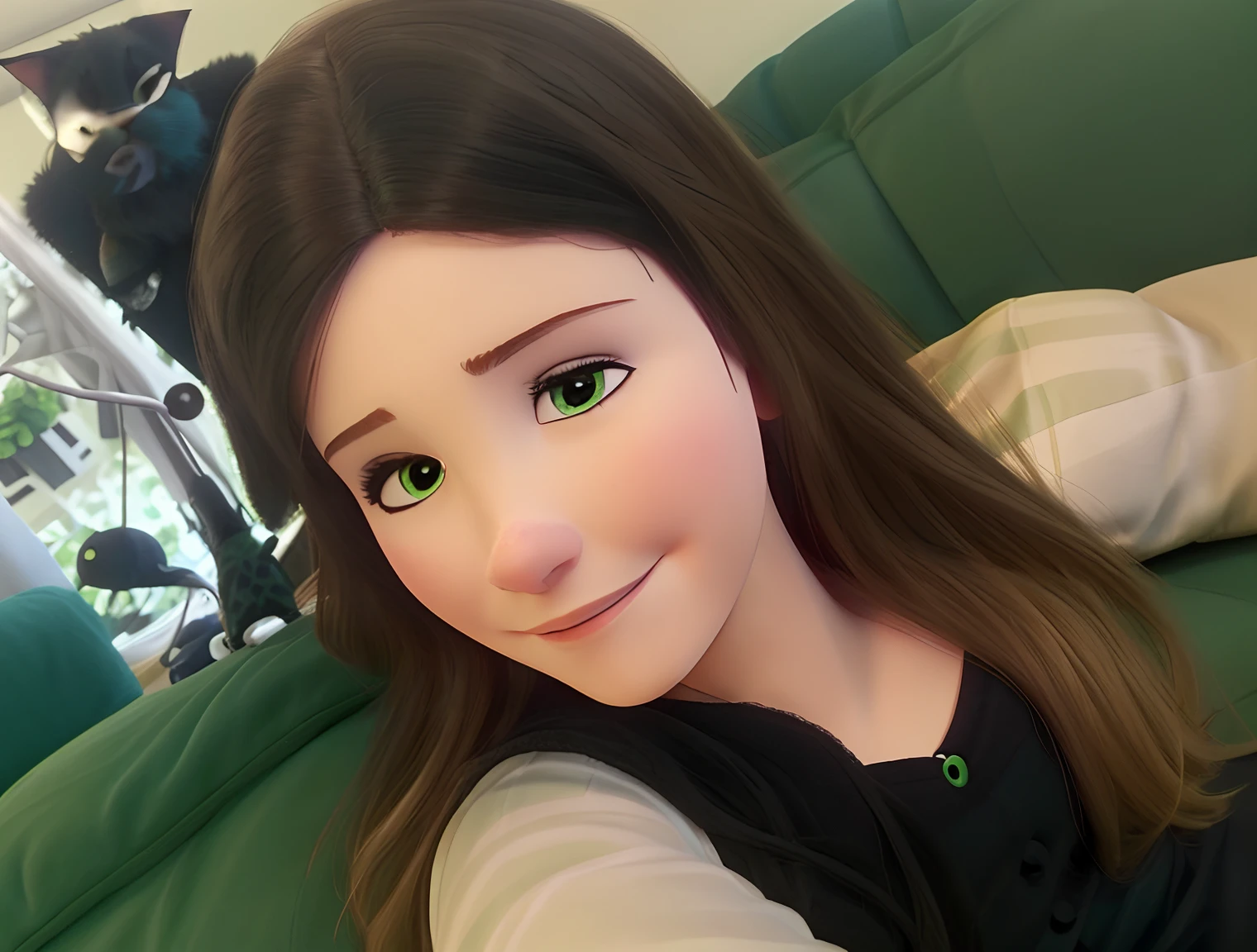 Woman sitting on a green sofa with a cat on her shoulder, 11 ano 11 anos, Menina de 11 anos, ela tem cerca de 1 2 anos de idade, 1 8 I, 2 2 anos, angelawhite, 11 anos, 11 anos, muito bobo olhando, italian looking emma