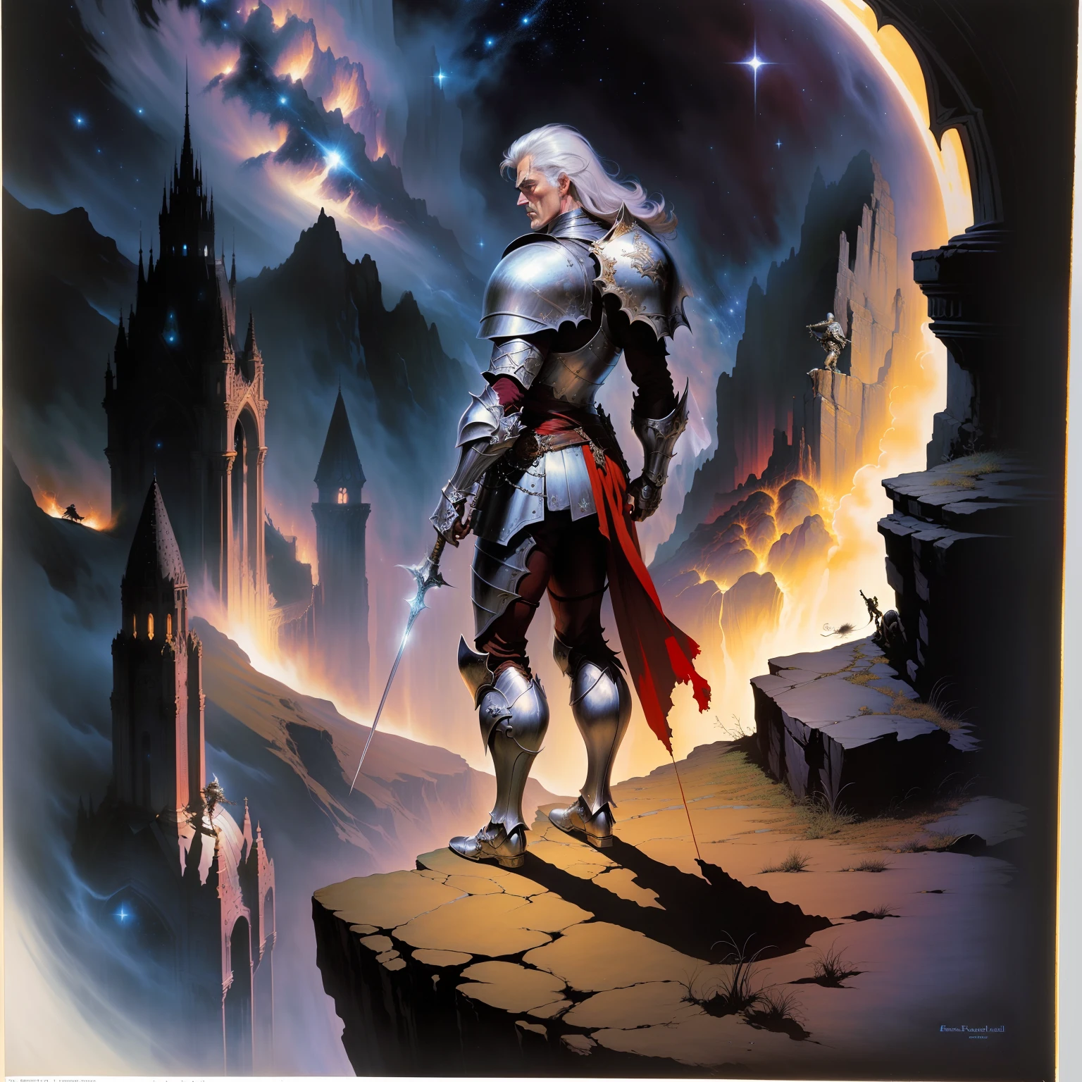 Dark fantasy,book illustration,drawing,1970s,style of frank frazetta,A knight in silver armor standing on the edge of a cliff looking at the stars
