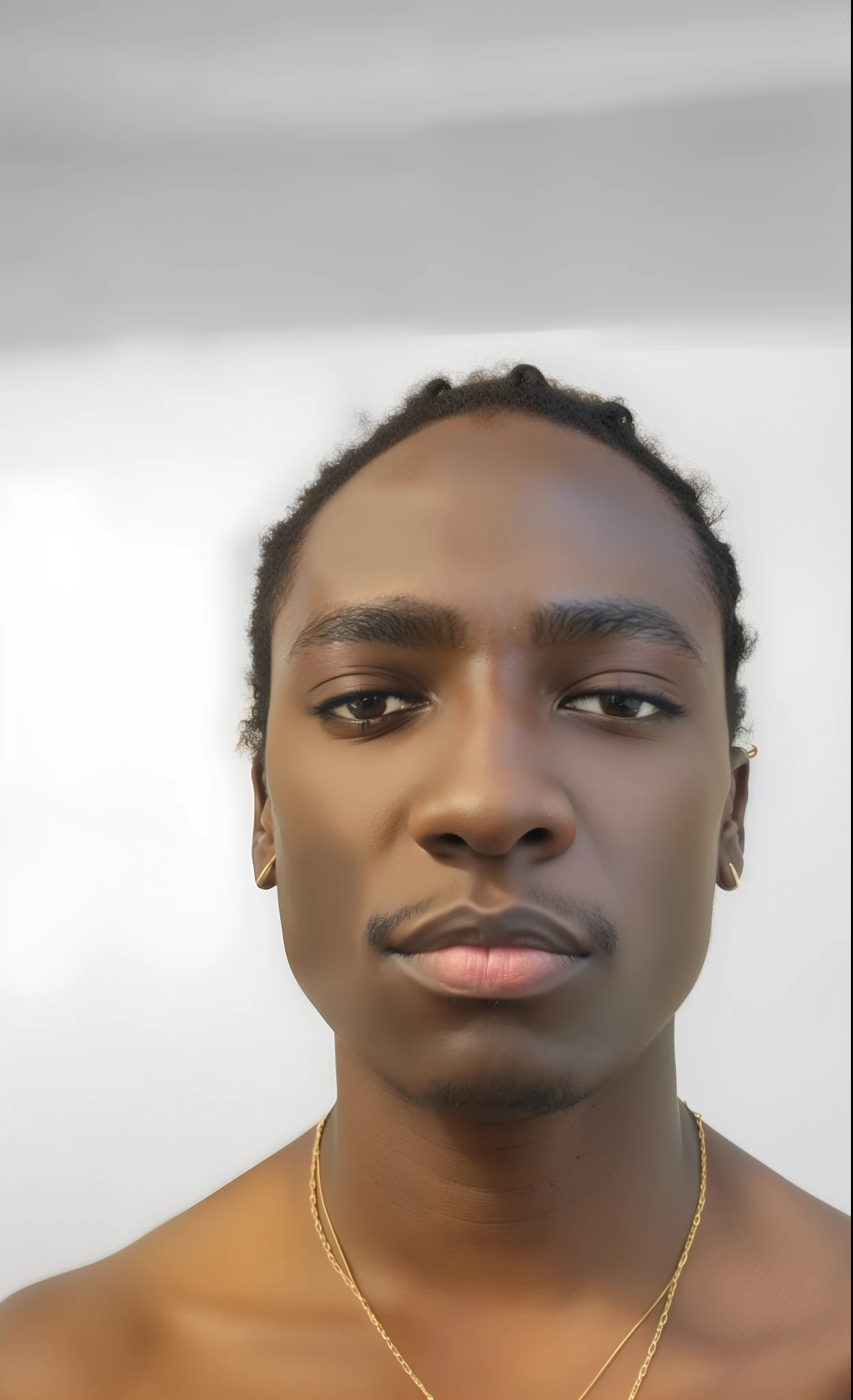 Il y a un homme avec un collier au cou et un collier avec un nom, prise au début des années 2020, Regarder directement à la caméra, Photo de tête, Traits du visage africains, environ 1 9 ans, Image frontale, Vue frontale, Homme d’Afrique de l’Est aux cheveux bouclés, pose frontale, Portrait de visage, Un homme noir aux longs cheveux bouclés, Profil avant