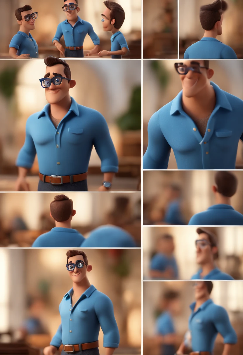 Cartoon character of a man with black glasses and a blue shirt, animation character, Caractere estilizado, animation style rendering, 3D estilizado, Arnold Maya render, 3 d render stylized, toon render keyshot, Personagem 3D, Personagem 3D, 3d rendering stylized, 3 d character render, personagem de desenho animado, Personagem de close up, Pose de personagem, (Estilo Pixar) (master part:1.2) (Bokeh) (best quality) (pele detalhada) (textura detalhada) (8k) (argila) (Cinematic lighting) (foco nítido