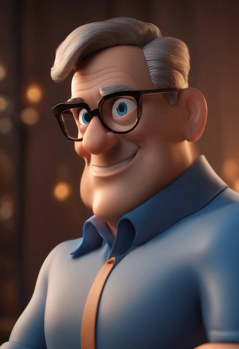 Cartoon character of a man with black glasses and a blue shirt, animation character, Caractere estilizado, animation style rendering, 3D estilizado, Arnold Maya render, 3 d render stylized, toon render keyshot, Personagem 3D, Personagem 3D, 3d rendering stylized, 3 d character render, personagem de desenho animado, Personagem de close up, Pose de personagem, (Estilo Pixar) (master part:1.2) (Bokeh) (best quality) (pele detalhada) (textura detalhada) (8k) (argila) (Cinematic lighting) (foco nítido