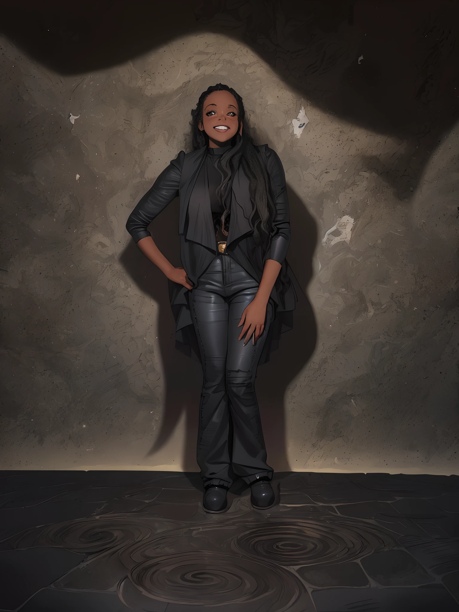 Black girl with very wavy curly hair black curly hair curly hair with several curls is very big huge curly curly curly curly big big blacks, sorrindo e com fantasia de mulher gato do batman, em 2d, com fundo cinza