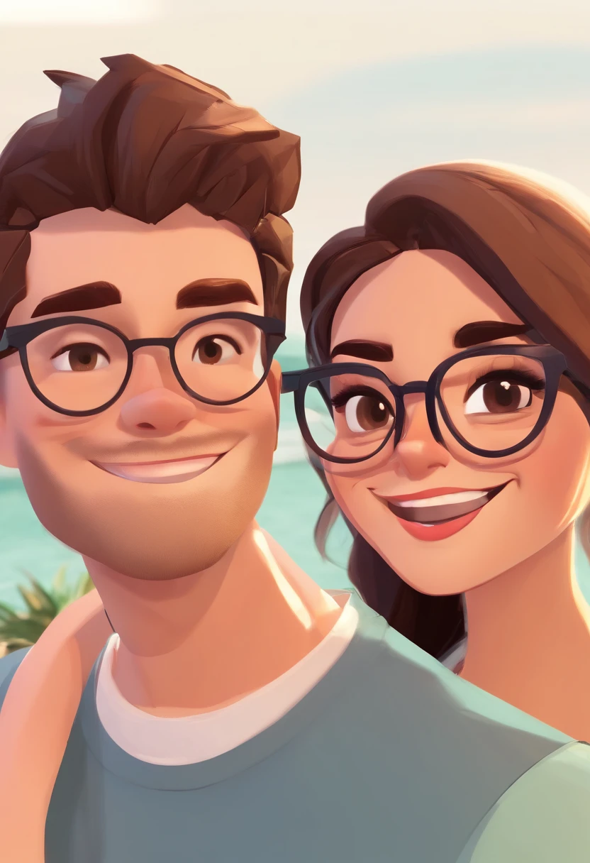 An illustration of an adorable couple, Spotlight on a brunette man with glasses, cabelos curto estilo militar , Very short smiling beard and a short brunette woman with beautiful expressive eyes - the man's skin is light brown and the man's hair has, while the woman's skin is light brown and the woman's hair long black straight They are a bright room, cada um com um sorriso no rosto, e compartilhar um momento especial caracterizado pelo amor, Insights. Illustrate this scene from a perspective where they are facing the camera, Smiling and Showing Your Connection. Desenvolva esta arte em Full HD, Focus on your cinematic touch, Estilo Disney Pixar Animations