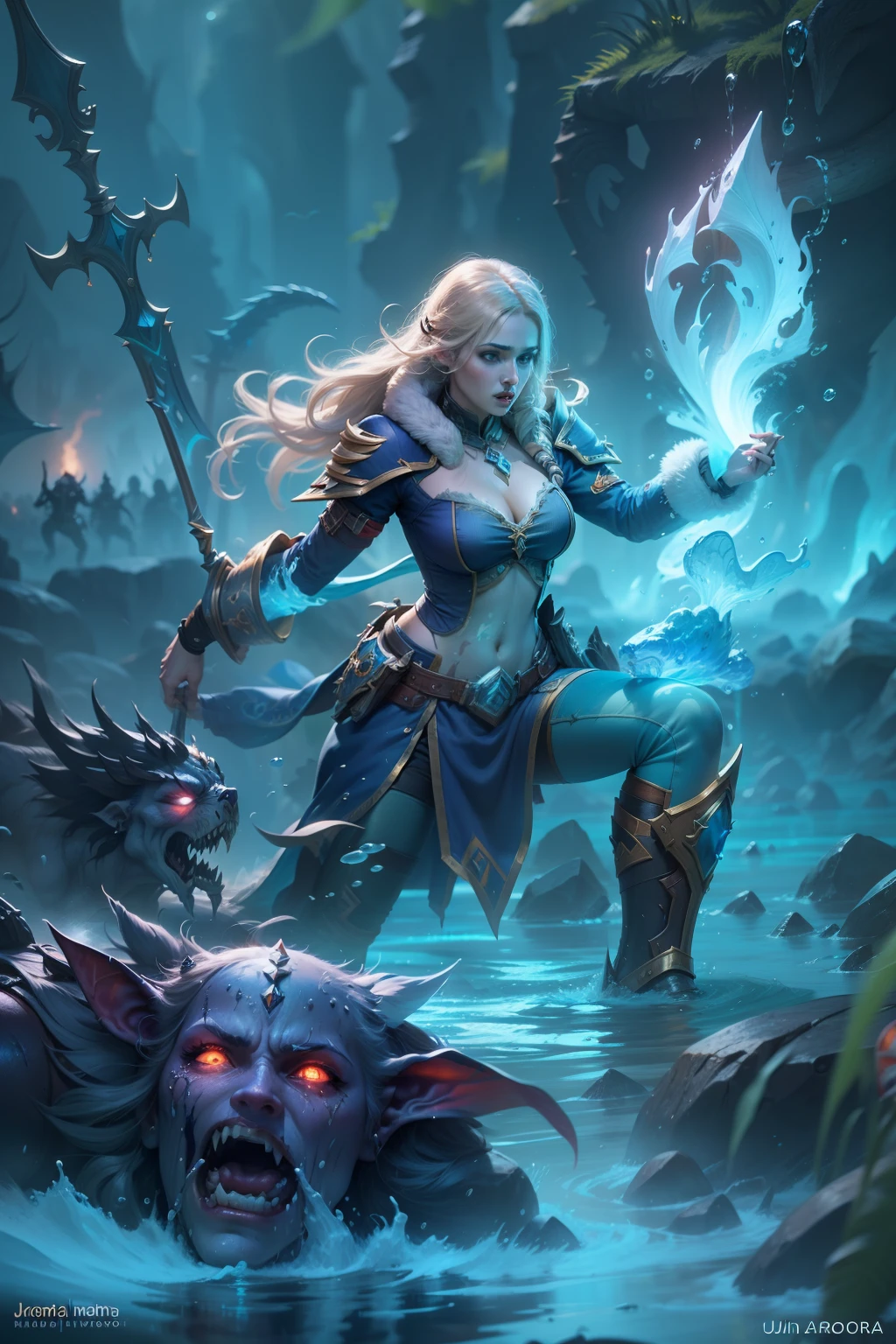 Jaina Proudmoore (Warcraft), water elemental besides her, casting out the undead creatures, high quality, sharp focus, unreal engine graphic, cinematic looking, UHD, HD, ultra high details, photorealistic; 1.4, cosmic environment