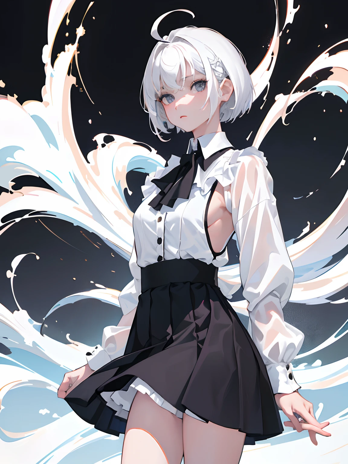 ((masterpiece, best quality)), (1girl), (solo), (female focus), (ahoge, white hair, short hair), black eyes, ((white shirt), (buttoned shirt)), ((black skirt), (short skirt)), standing, white background, arms behind back,