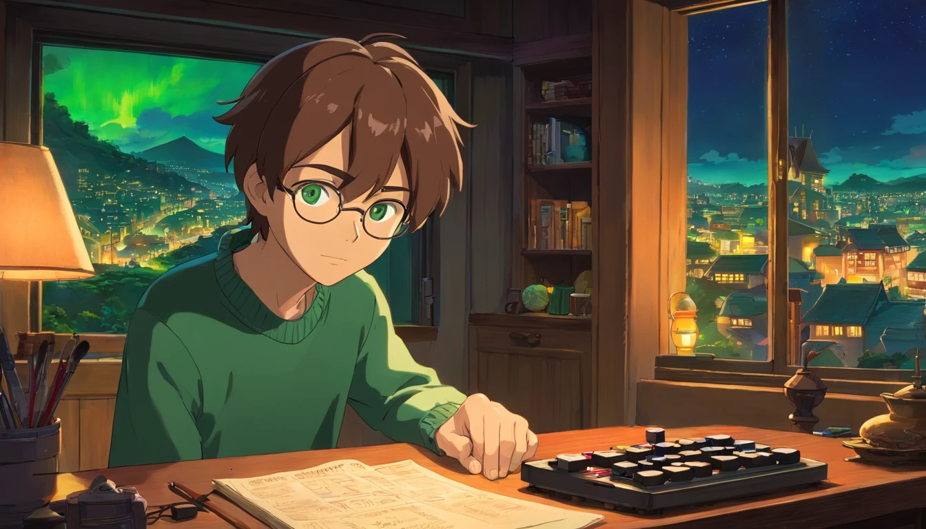 Create an engaging story or scene featuring a 28-year-old boy with emerald green eyes and brown hair, immersed in a late-night gaming session in his room. Paint a vivid picture of the neon-lit cityscape visible through his window. He's wearing a headset and a comfortable turtleneck sweater, as he ventures into the virtual world, completely absorbed in the game. Explore the ambiance, his emotions, and the excitement of this nocturnal gaming experience.
