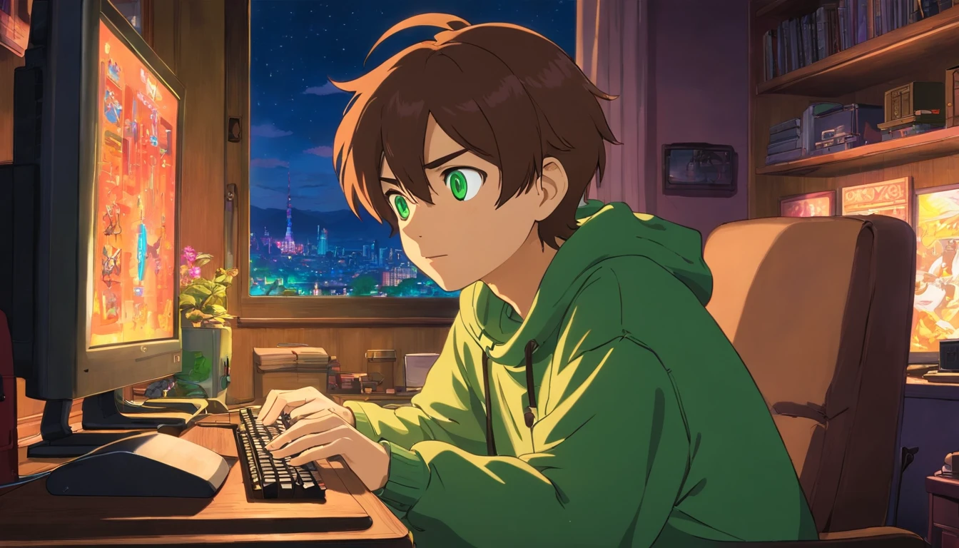Create an engaging story or scene featuring a 28-year-old boy with emerald green eyes and brown hair, immersed in a late-night gaming session in his room. Paint a vivid picture of the neon-lit cityscape visible through his window. He's wearing a headset and a comfortable turtleneck sweater, as he ventures into the virtual world, completely absorbed in the game. Explore the ambiance, his emotions, and the excitement of this nocturnal gaming experience.