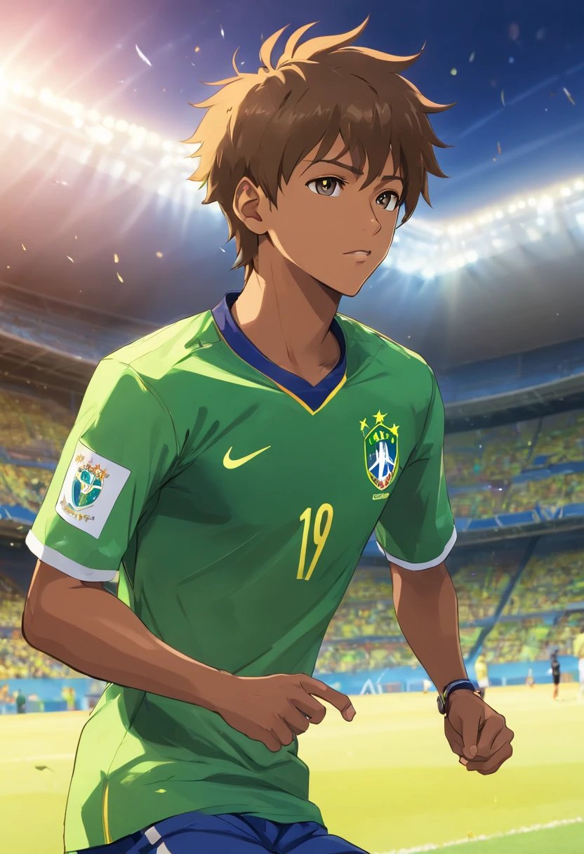 Neymar Jr with the shirt of the Brazilian national team , Standard scenario , melhor qualidade, best resolution , Estilo anime , obra prima , olhar fixo