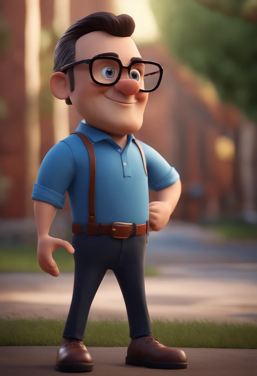 Cartoon character of a man with black glasses and a blue shirt, animation character, Caractere estilizado, animation style rendering, 3D estilizado, Arnold Maya render, 3 d render stylized, toon render keyshot, Personagem 3D, Personagem 3D, 3d rendering stylized, 3 d character render, personagem de desenho animado, Personagem de close up, Pose de personagem, (Estilo Pixar) (master part:1.2) (Bokeh) (best quality) (pele detalhada) (textura detalhada) (8k) (argila) (Cinematic lighting) (foco nítido