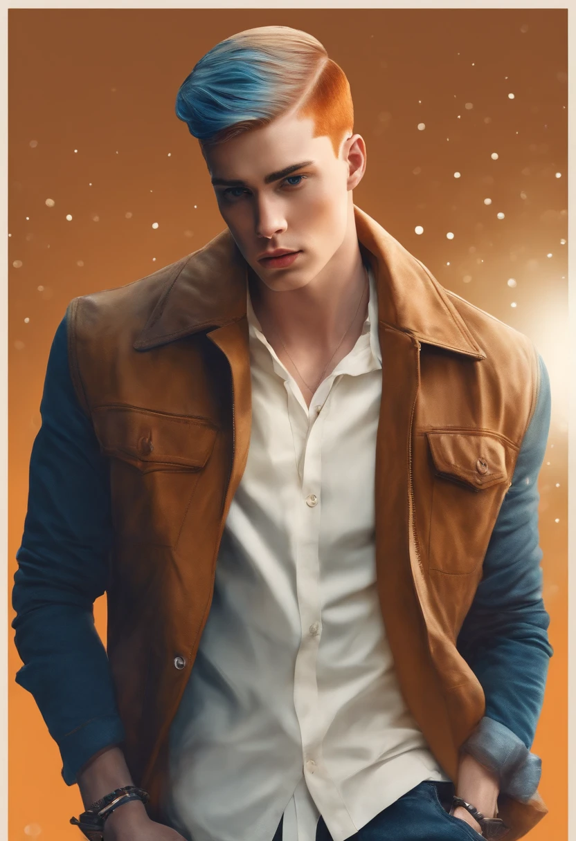 ginger buzzcut short hair male, wearing white shirt, brown jacket, jeans blue, with dots, on school
