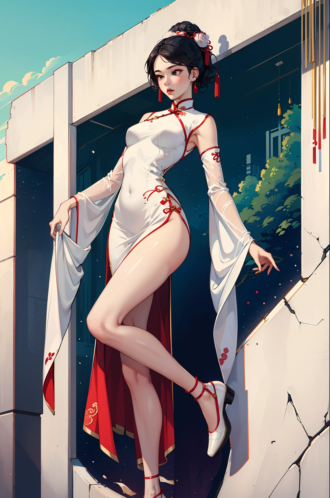 1girl、8k、masterpiece、fine in texture、Go high and jump、wear:Gorgeous cheongsam、bright colour、Delicate and graceful body shape,tall Very long arms very long legs broad shoulders qipao dress white shoe white glove