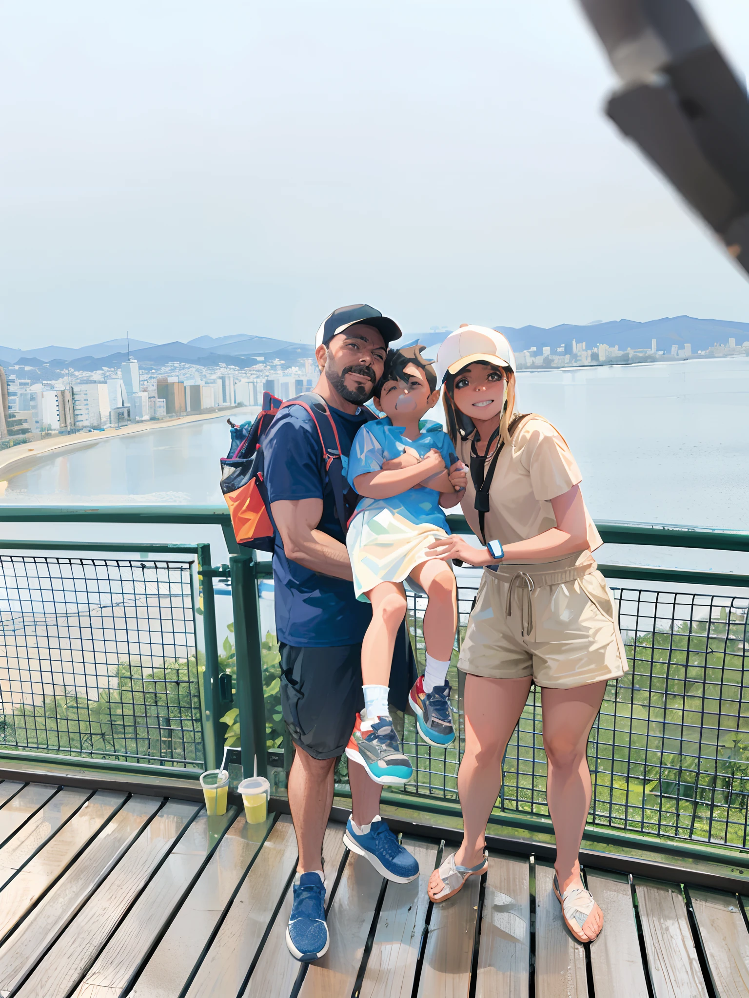 there are two people and a child sitting on a bench on a dock, vacation photo, photoshot, foto, family, happy family, standing on the water ground, photo taken in 2 0 2 0, taken in 2 0 2 0, family photo, husband wife and son, having a great time, wide portrait, with backdrop of god rays, near a jetty
