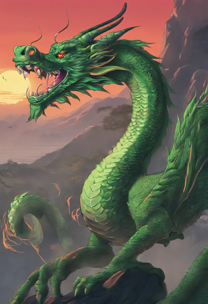 China-style,mitologia chinesa,green dragon,Long dragon whiskers,rugido,feroz,Gigantesco,Os olhos brilham vermelhos,efeitos de brilho,cercado por nuvem,中景 the scene is,Corpo inteiro como, VFX surreal altamente detalhado,oc renderizado, - AR 16:9 --q 2 --s 1000