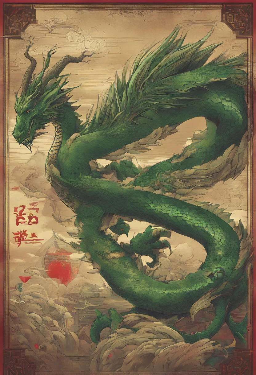 China-style,mitologia chinesa,green dragon,Long dragon whiskers,rugido,feroz,Gigantesco,Os olhos brilham vermelhos,efeitos de brilho,cercado por nuvem,中景 the scene is,Corpo inteiro como, VFX surreal altamente detalhado,oc renderizado, - AR 16:9 --q 2 --s 1000