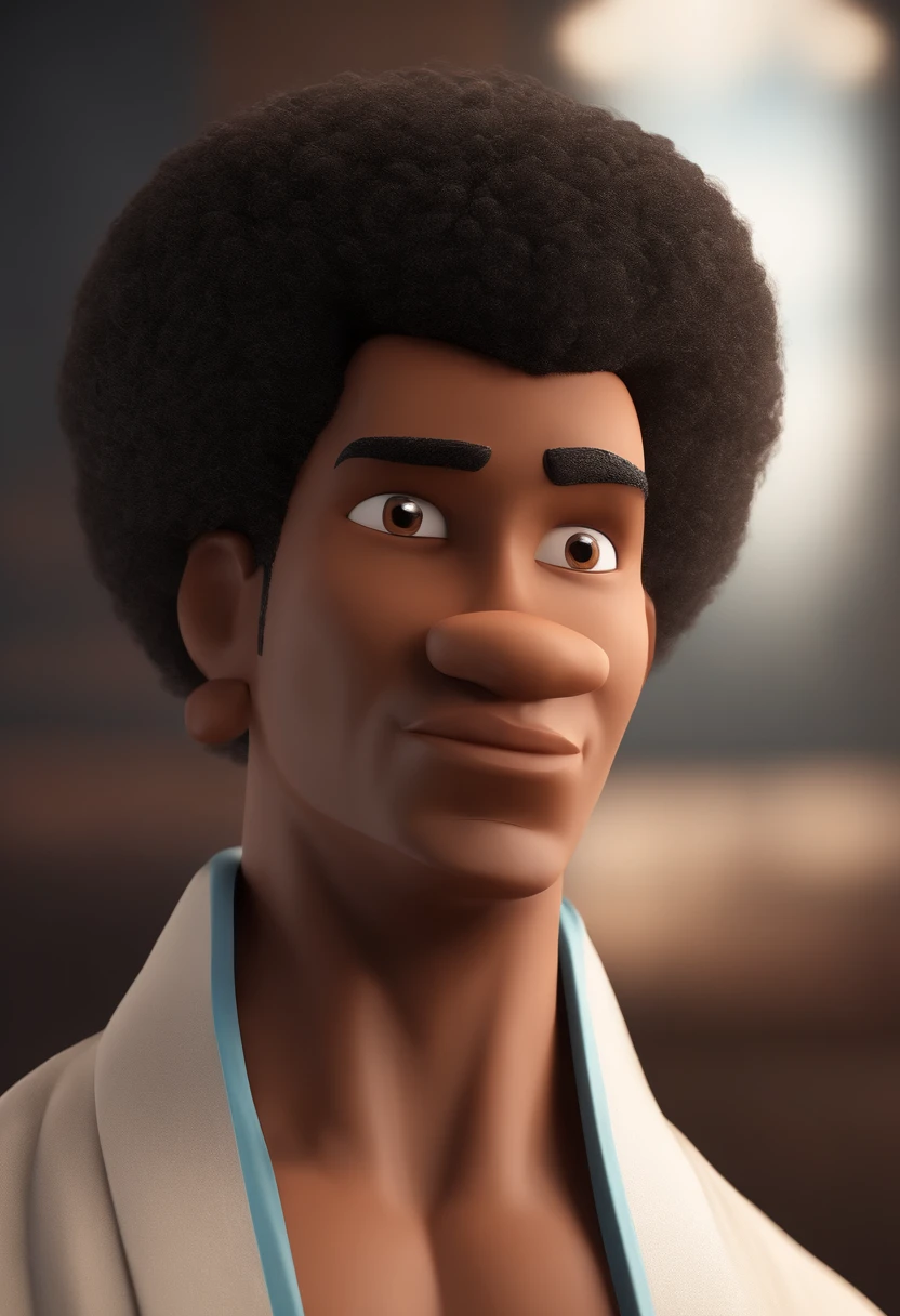 personagem dos desenhos animados de um homem negro, de cabelo bem curto raspado, grisalho, Wearing a white judo kimono, animation character, Caractere estilizado, animation style rendering, 3D estilizado, Arnold Maya render, 3 d render stylized, toon render keyshot, Personagem 3D, Personagem 3D, 3d rendering stylized, 3 d character render, personagem de desenho animado, Personagem de close up, Pose de personagem, (Estilo Pixar) (master part:1.2) (Bokeh) (best quality) (pele detalhada) (textura detalhada) (8k) (argila) (Cinematic lighting) (foco nítido