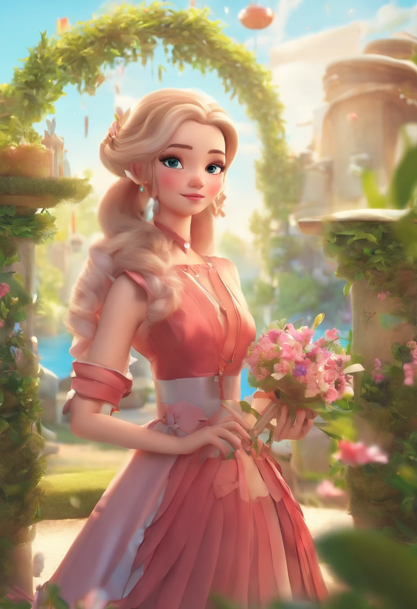 best quality, master part, fotorrealista, extremamente detalhado CG unidade 8k papel de parede, Chibi,1girl, Elsa,sozinho, cheio_corpo, sorrir, Olhando_em_visualizador, ao ar livre,