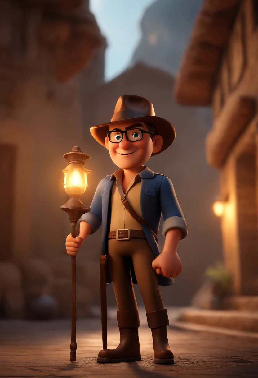 personagem dos desenhos animados de um homem em uma camisa azul, barba e bem feita e sorrindo. cabelo baixo e preto e penteado pro lado , olhos de cor castanhos escuros, orelhas medias, olhando para frente e sorrindo. personagem em estilo indiana jones e sem oculos . animation character, Caractere estilizado, animation style rendering, 3D estilizado, Arnold Maya render, 3 d render stylized, toon render keyshot, Personagem 3D, Personagem 3D, 3d rendering stylized, 3 d character render, personagem de desenho animado, Personagem de close up, Pose de personagem, (Estilo Pixar) (master part:1.2) (Bokeh) (melhor qualidade) (pele detalhada) (textura detalhada) (8k) (argila) (Cinematic lighting) (foco nítido