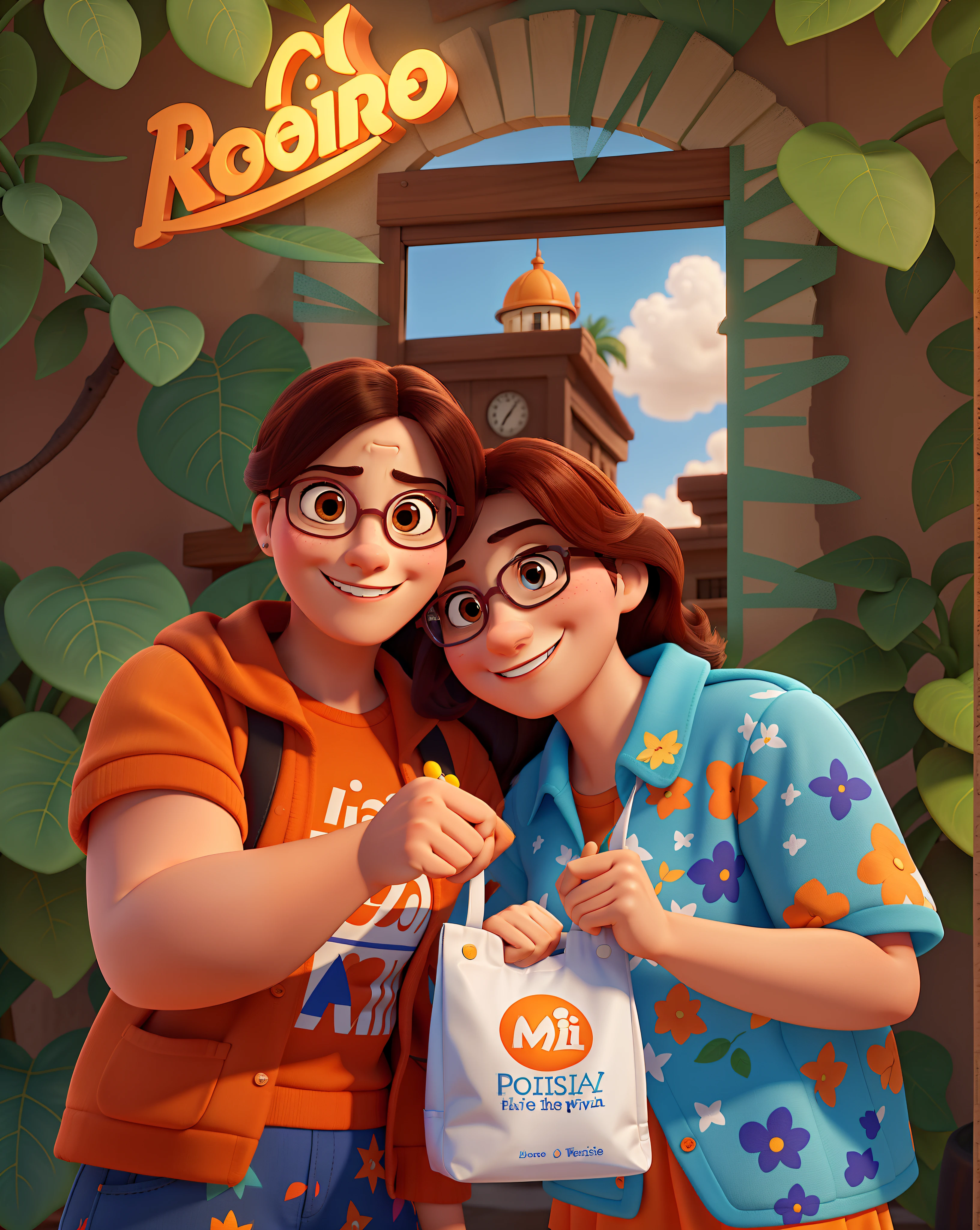 Poster estilo Disney Pixar em alta qualidade, Two smiling women wearing glasses holding white bag with orange logo written the word mi, Put a mirror behind the women