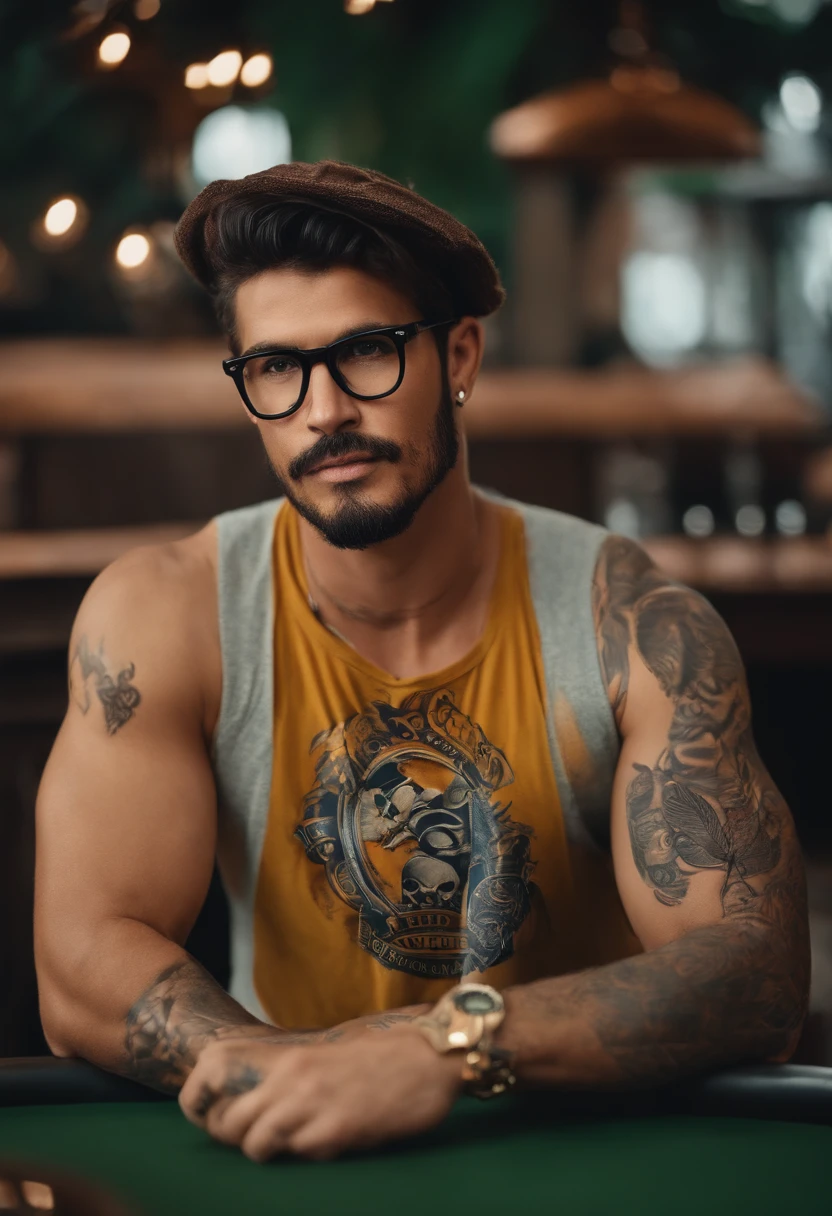 estilo disney pixar, rapaz de 37 anos, roqueiro, camisa do rage agaist the machine, barba curta, boina, eyeglass, tattooed right arm, anel de caveira preto, watch, coturno, segurando uma caneca de cerveja grande