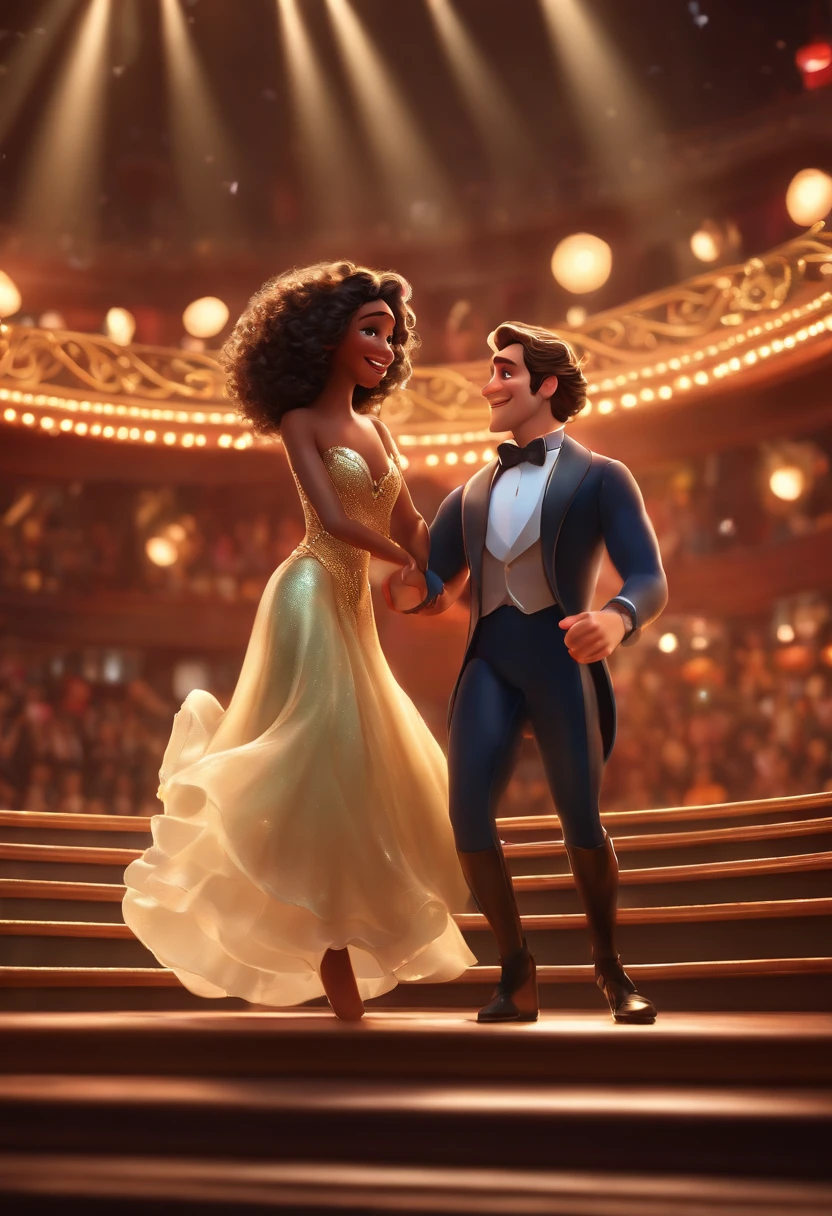 "(best quality,ultra-detailed,realistic:1.37),3D rendering,illustration,character design,tall dark curly hair,beautiful detailed eyes,pixar style,white man,dancing on the Disney stage,lively atmosphere,vivid colors,stage lights,joyful expression"