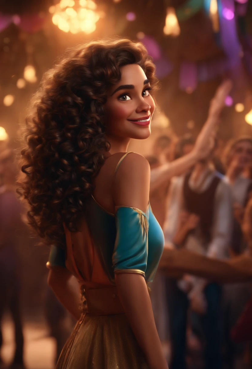"(best quality,ultra-detailed,realistic:1.37),3D rendering,illustration,character design,tall dark curly hair,beautiful detailed eyes,pixar style,white man,dancing on the Disney stage,lively atmosphere,vivid colors,stage lights,joyful expression"