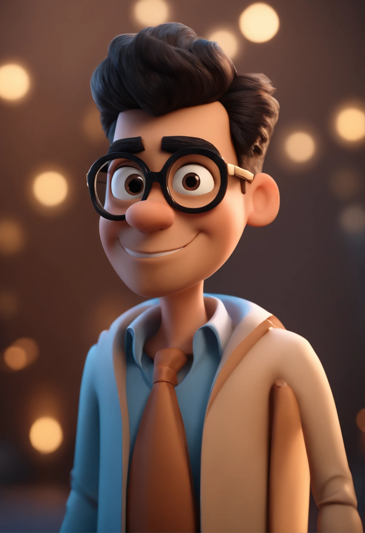 Cartoon character of a man wearing black glasses and a blue shirt, um personagem animado, Caractere estilizado, animation style rendering, 3D estilizado, Arnold Maya render, 3 d render stylized, toon render keyshot, Personagem 3D, Personagem 3D, 3d rendering stylized, 3 d character render, personagem de desenho animado, Personagem de close up, Pose de personagem, (Estilo Pixar) (master part:1.2) (Bokeh) (best quality) (pele detalhada) (textura detalhada) (8k) (argila) (Cinematic lighting) (foco nítido,Senta e vaza a parte superior do corpo