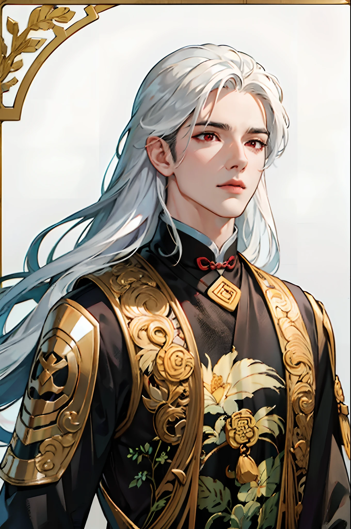 masterpiece, best quality, ultra-detailed, semi-realistic, detailed facial features, 1boy, white hair, long hair, red eyes, wearing a detailed and intricate xianxia ancient clothes