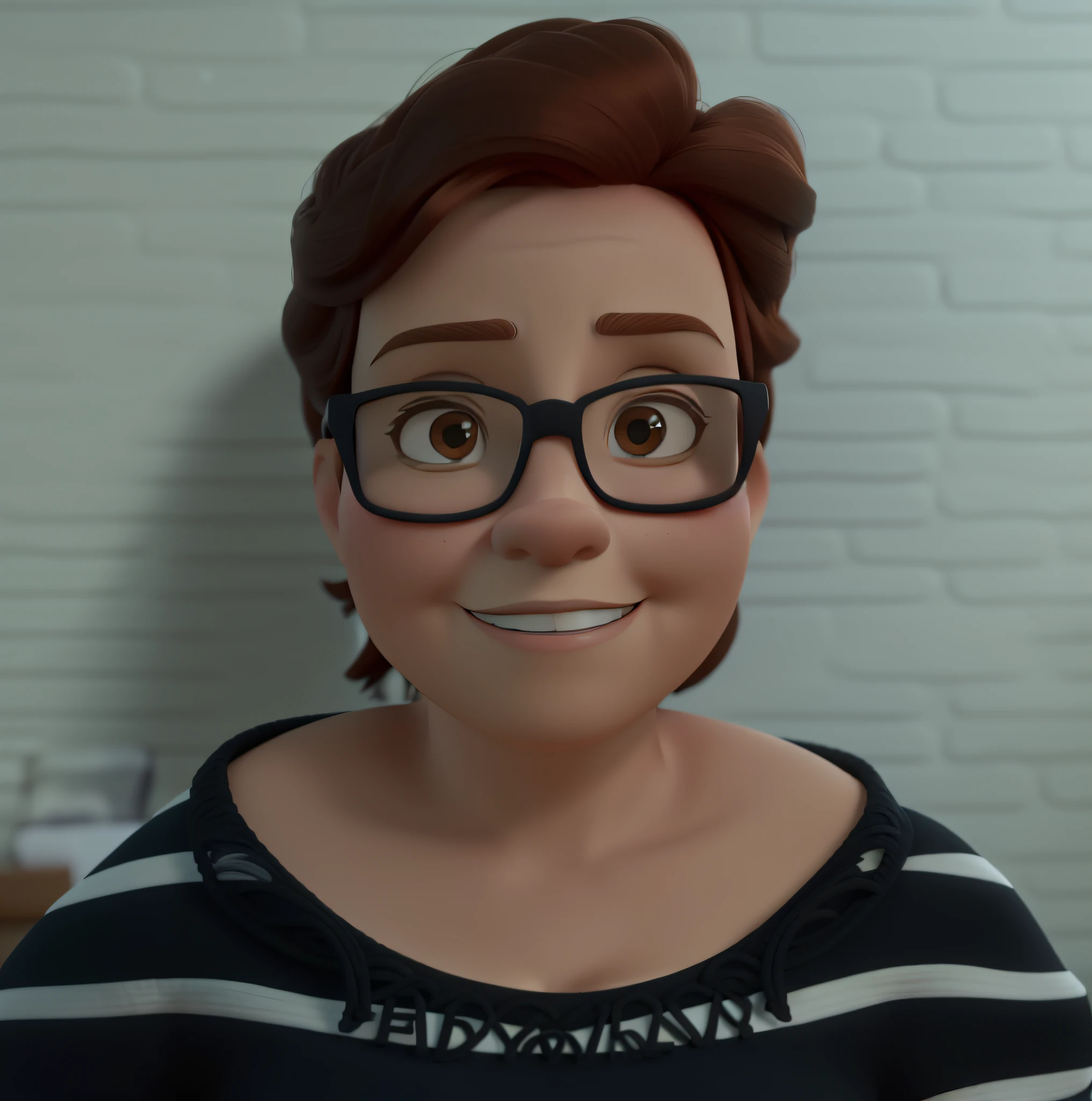 a 3d pixar disney style movie. A short, white woman, mother, older, chubby, very short wavy red hair, light brown eyes and prescription glasses. The setting is an apartment wall.