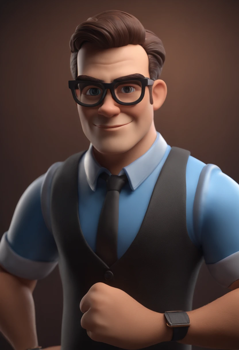 Cartoon character of a man wearing black glasses and a blue shirt, um personagem animado, Caractere estilizado, animation style rendering, 3D estilizado, Arnold Maya render, 3 d render stylized, toon render keyshot, Personagem 3D, Personagem 3D, 3d rendering stylized, 3 d character render, personagem de desenho animado, Personagem de close up, Pose de personagem, (Estilo Pixar) (master part:1.2) (Bokeh) (best quality) (pele detalhada) (textura detalhada) (8k) (argila) (Cinematic lighting) (foco nítido,Senta e vaza a parte superior do corpo