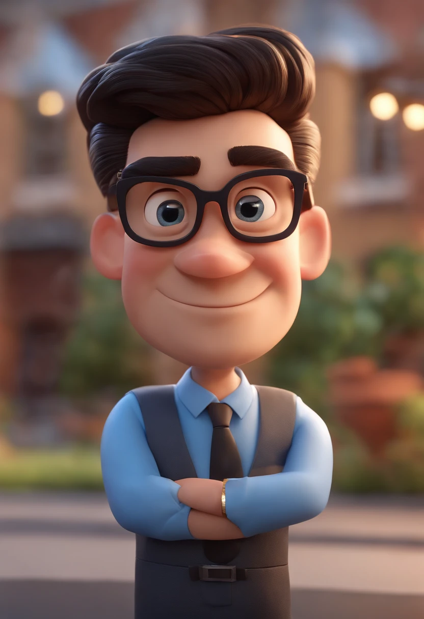 Cartoon character of a man wearing black glasses and a blue shirt, um personagem animado, Caractere estilizado, animation style rendering, 3D estilizado, Arnold Maya render, 3 d render stylized, toon render keyshot, Personagem 3D, Personagem 3D, 3d rendering stylized, 3 d character render, personagem de desenho animado, Personagem de close up, Pose de personagem, (Estilo Pixar) (master part:1.2) (Bokeh) (best quality) (pele detalhada) (textura detalhada) (8k) (argila) (Cinematic lighting) (foco nítido,Senta e vaza a parte superior do corpo