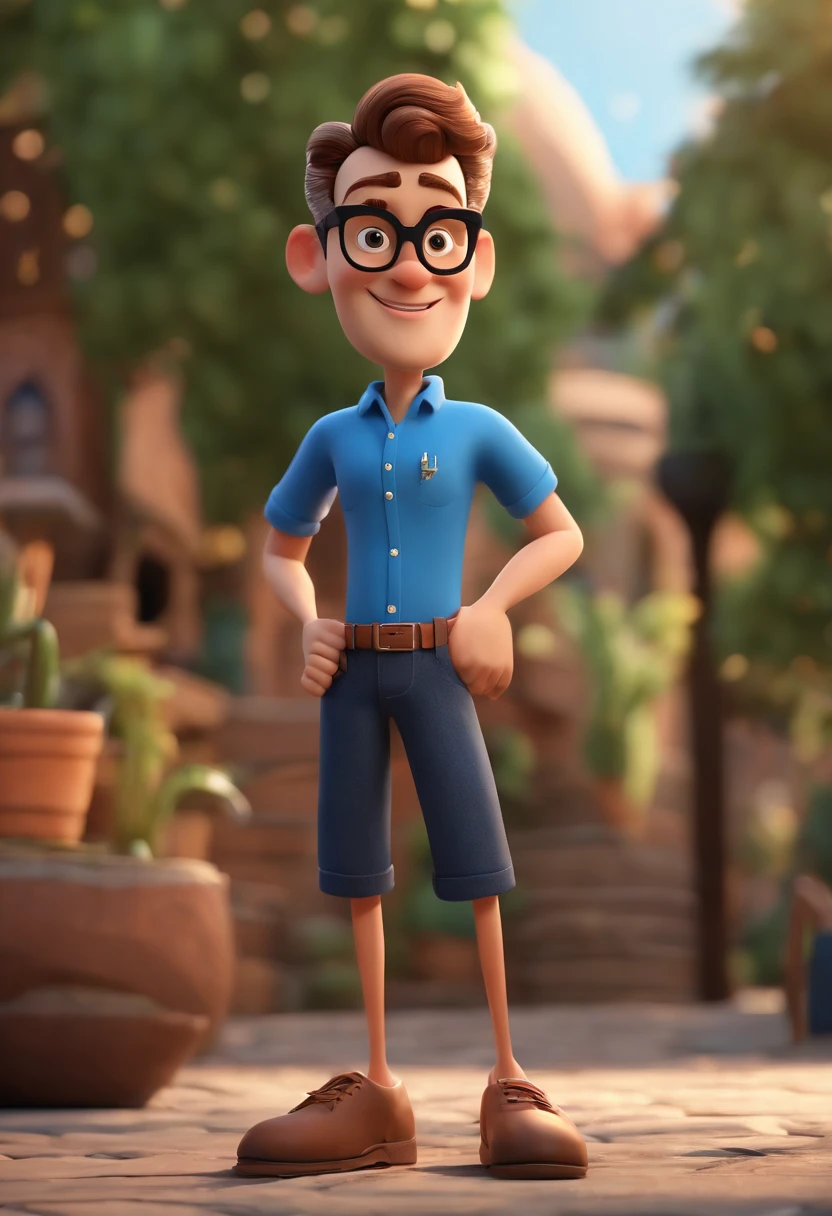 Cartoon character of a man wearing black glasses and a blue shirt, um personagem animado, Caractere estilizado, animation style rendering, 3D estilizado, Arnold Maya render, 3 d render stylized, toon render keyshot, Personagem 3D, Personagem 3D, 3d rendering stylized, 3 d character render, personagem de desenho animado, Personagem de close up, Pose de personagem, (Estilo Pixar) (master part:1.2) (Bokeh) (best quality) (pele detalhada) (textura detalhada) (8k) (argila) (Cinematic lighting) (foco nítido，Senta e vaza a parte superior do corpo