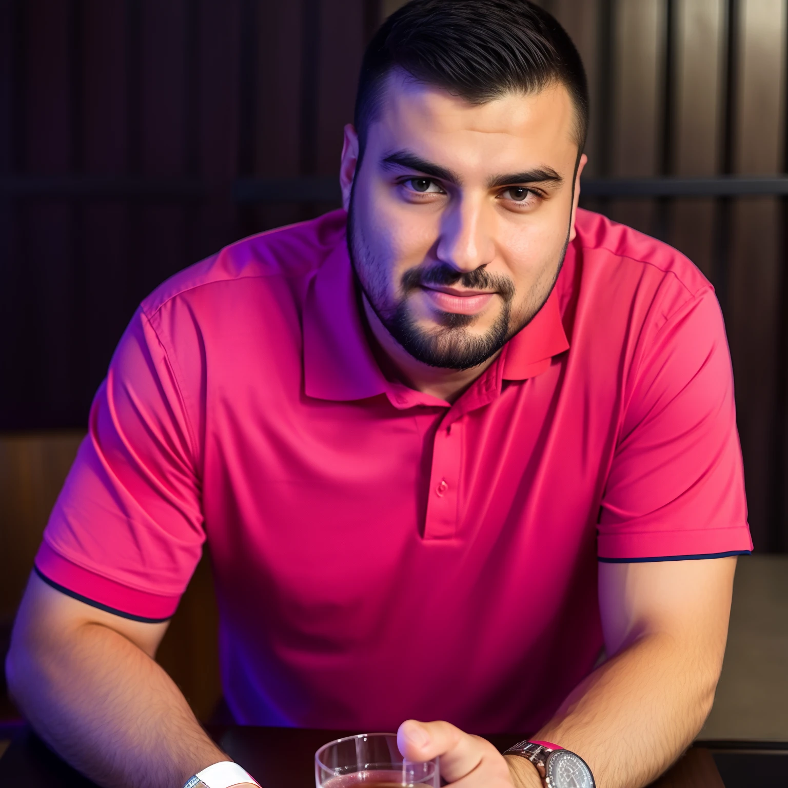 Man in pink shirt sitting at a table with a glass of alcohol, Aykut Aydogdu, Ivan Laliashvili, Sam Nassour, encho enchev, Bogdan Rezunenko, Vitaly Bulgarov, edin durmisevic, Condutor de Ene, inspirado por Alexander Fedosav, Nekro Petros Afshar