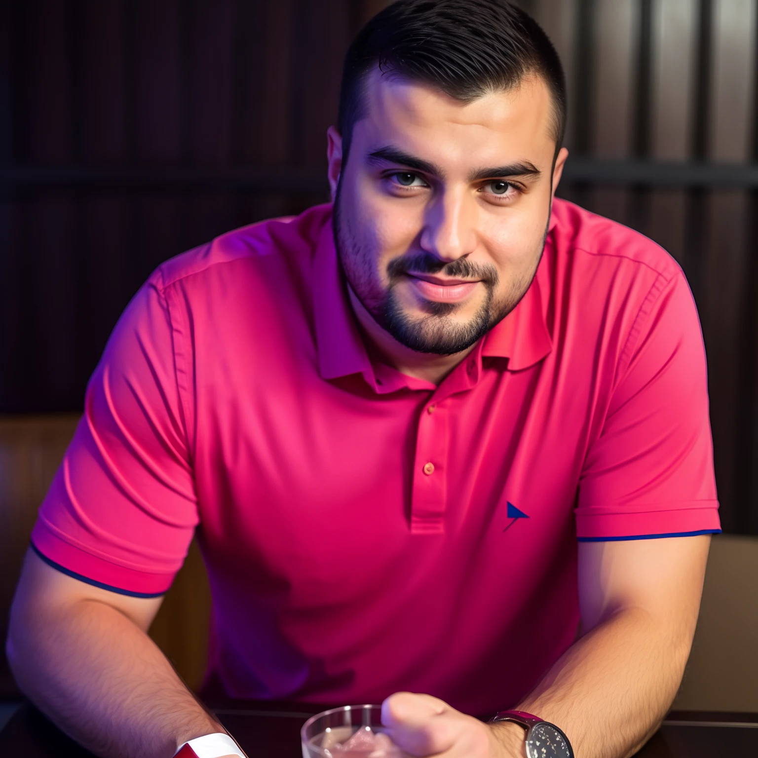 Man in pink shirt sitting at a table with a glass of alcohol, Aykut Aydogdu, Ivan Laliashvili, Sam Nassour, encho enchev, Bogdan Rezunenko, Vitaly Bulgarov, edin durmisevic, Condutor de Ene, inspirado por Alexander Fedosav, Nekro Petros Afshar