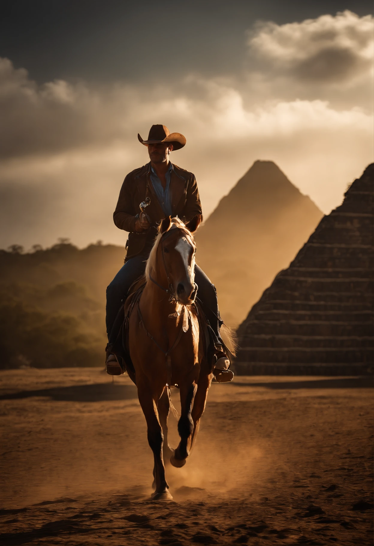 (master part, best quality, ultra-detalhado, Melhor sombra), (Antecedentes detalhados, cowboy shot, heaven, Raio, Mayan civilization, Mayan pyramid, Floresta, selva, Olhando para o Viewer, Serious, irritado), (Rosto detalhado, masculine features, maxilar forte), (best ilumination), ((Cinematic light)), colorido, hiper detalhe, dramatic light, detalhes intrincados, (homem chamado Caelumon, maia, homem de pele escura, cabelos brancos, olhos amarelos, cabelos brancos, pigtail, Roupas Maias, DEUS )