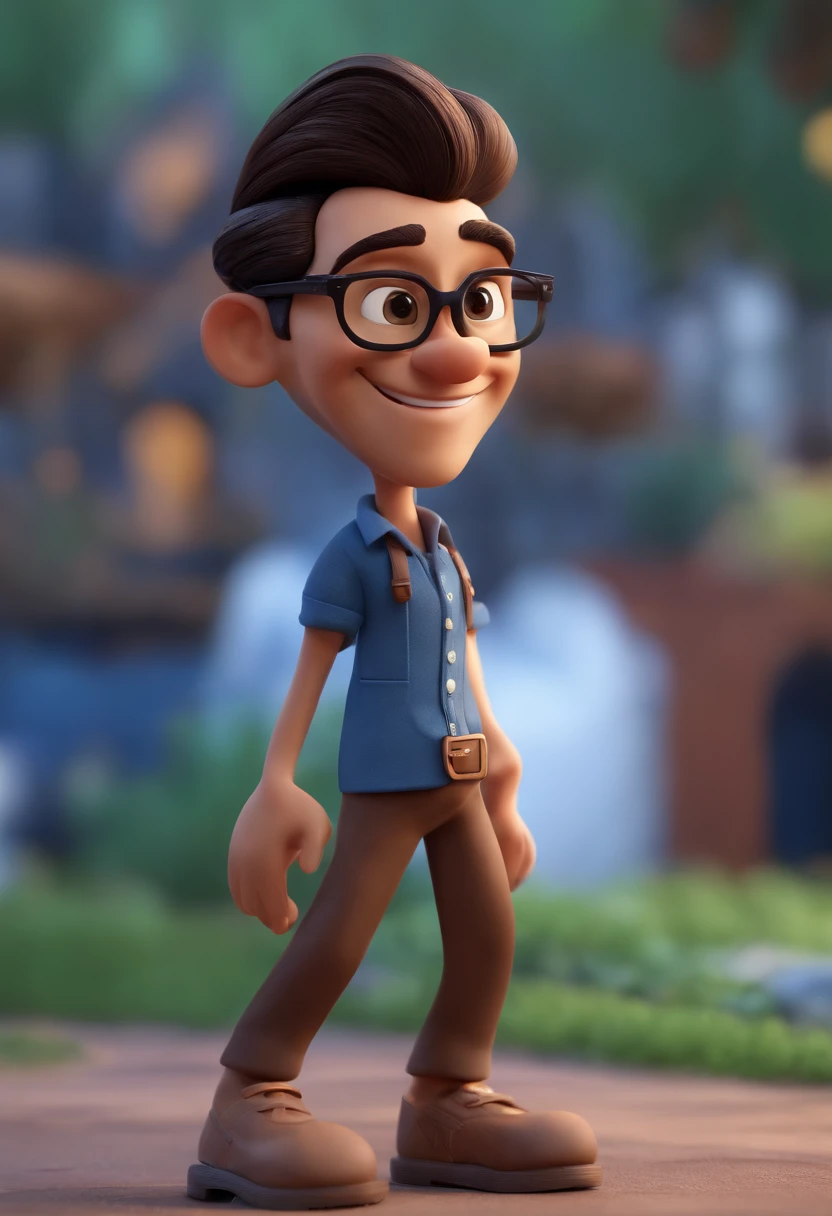 Cartoon character of a man with black glasses, cabelo cacheado marrom escuro e uma camisa azul, animation character, Caractere estilizado, animation style rendering, 3D estilizado, Arnold Maya render, 3 d render stylized, toon render keyshot, Personagem 3D, Personagem 3D, 3d rendering stylized, 3 d character render, personagem de desenho animado, Personagem de close up, Pose de personagem,  (Estilo Pixar) (master part:1.2) (Bokeh) (best quality) (pele detalhada) (textura detalhada) (8k) (argila) (Cinematic lighting) (foco nítido