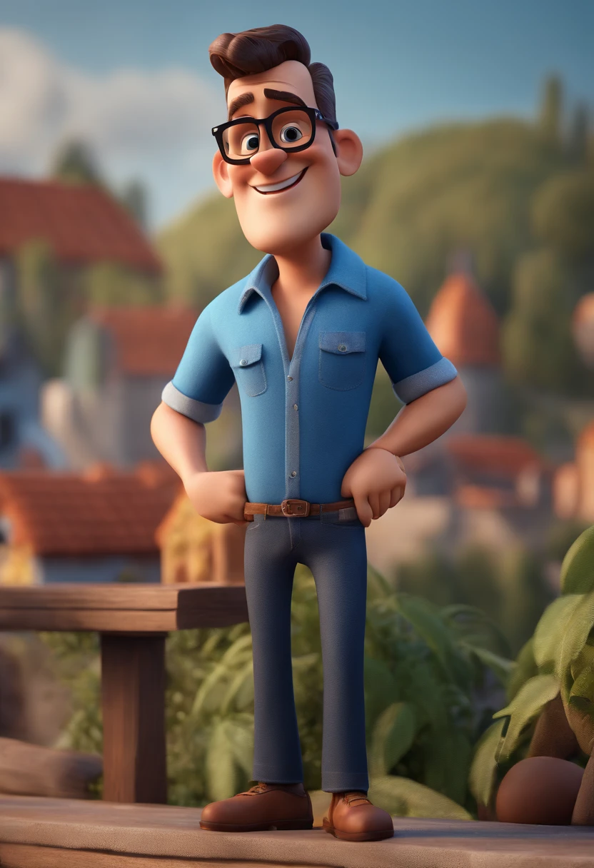 Cartoon character of a man with black glasses and a blue shirt, animation character, Caractere estilizado, animation style rendering, 3D estilizado, Arnold Maya render, 3 d render stylized, toon render keyshot, Personagem 3D, Personagem 3D, 3d rendering stylized, 3 d character render, personagem de desenho animado, Personagem de close up, Pose de personagem, (Estilo Pixar) (master part:1.2) (Bokeh) (best quality) (pele detalhada) (textura detalhada) (8k) (argila) (Cinematic lighting) (foco nítido