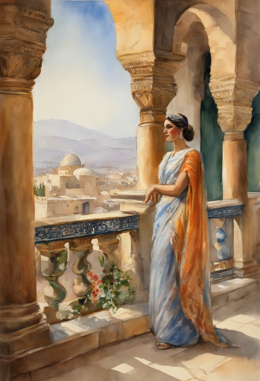 A distinguished oriental princess on a veranda in Damascus with a view of the palace of Harun al-Raschid, who stands with her at the parapet and chats to her