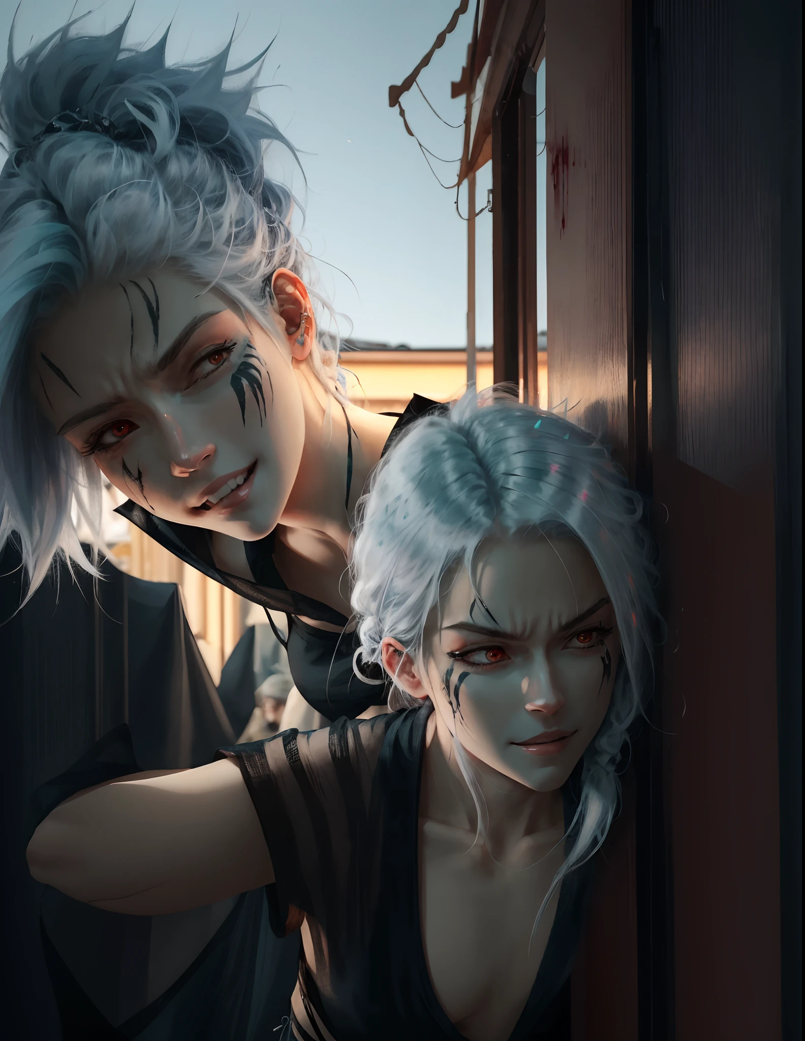 Comic Panel, Russian, Messy long white hair, face scars, sleepy eyes, sleep deprived, Manga, JuJutsu kaisen Art style, Red eyes, pointed ears, cross ear piercings, bored, tired, Early Thirties In Age, feminine looking male, fangs, calm, Tired expression, Outside late at night, Hair tied in low ponytail, Full Body, Fighting stance, bloody, shirtless, Fighting another person, insane smile, insane expression. smiling mischievously