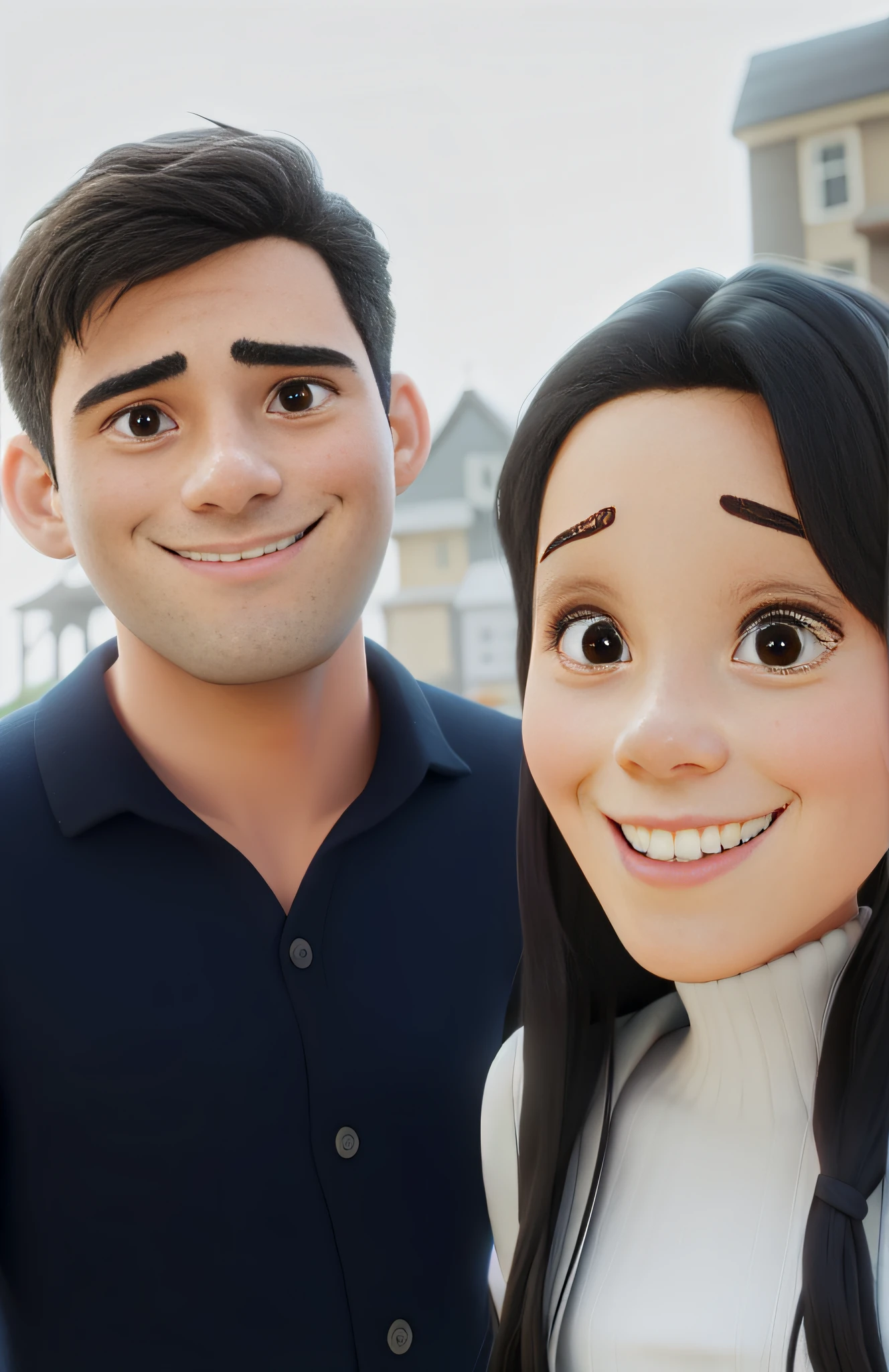A movie poster with the title United inspired by Disney Pixar's digital art style. 28-year-old man with medium length straight black hair, olho castanho escuro, uma barba bem baixa e o nariz fino, is smiling and looking at the camera and a 36-year-old white woman with long straight black hair and dark brown eyes is standing in front of the smiling man. O fundo deve ser rico em cores vibrantes, complemented by meticulous textures reminiscent of Pixar's renowned animations. Central para o cartaz, em negrito e tipografia cativante, should be the title Couple. The overall composition should capture the essence of an epic adventure, Drawing viewers into the world of the story.