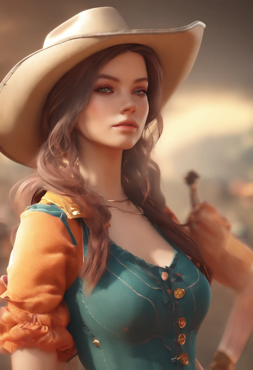 Hyper Realistic 1girl in Old West Clothing, Fantasy Art, Photorealistic, Dynamic Lighting, Artstation, Highly Detailed Face, 4K, Award Winning, cleavage