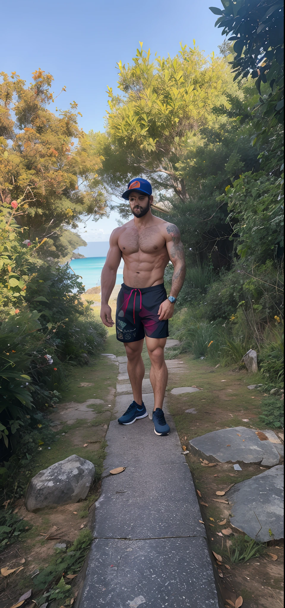 There's a man who's standing on a path with a hat on, foto fit, malhar no campo, meio tiro de um hunky, imagem de perfil, foto de perfil, de bermuda, athletic man in his 30s, Zyzz, Corpo de Ernest Khalimov, usando equipamento de fitness, imagem de corpo inteiro, foto de perfil, tomada em 2 0 2 0