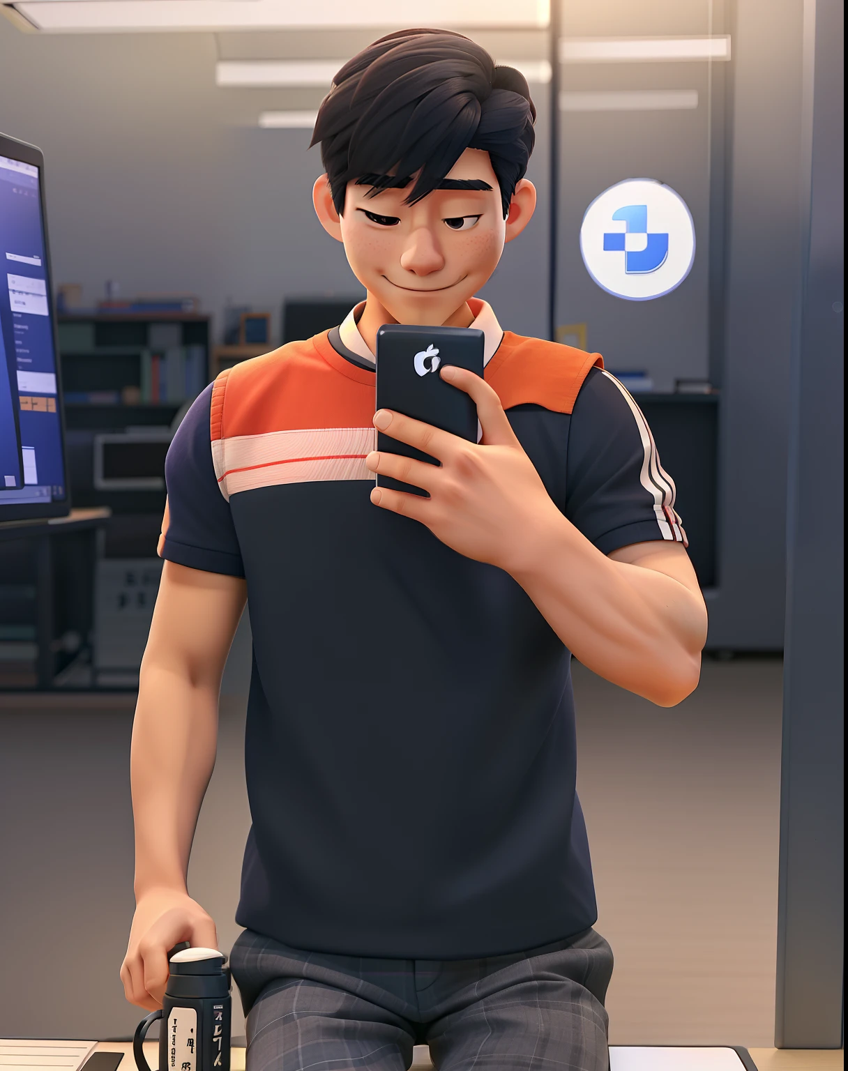 A Japanese man sitting in the office fiddling with his laptop with the camera on the desk