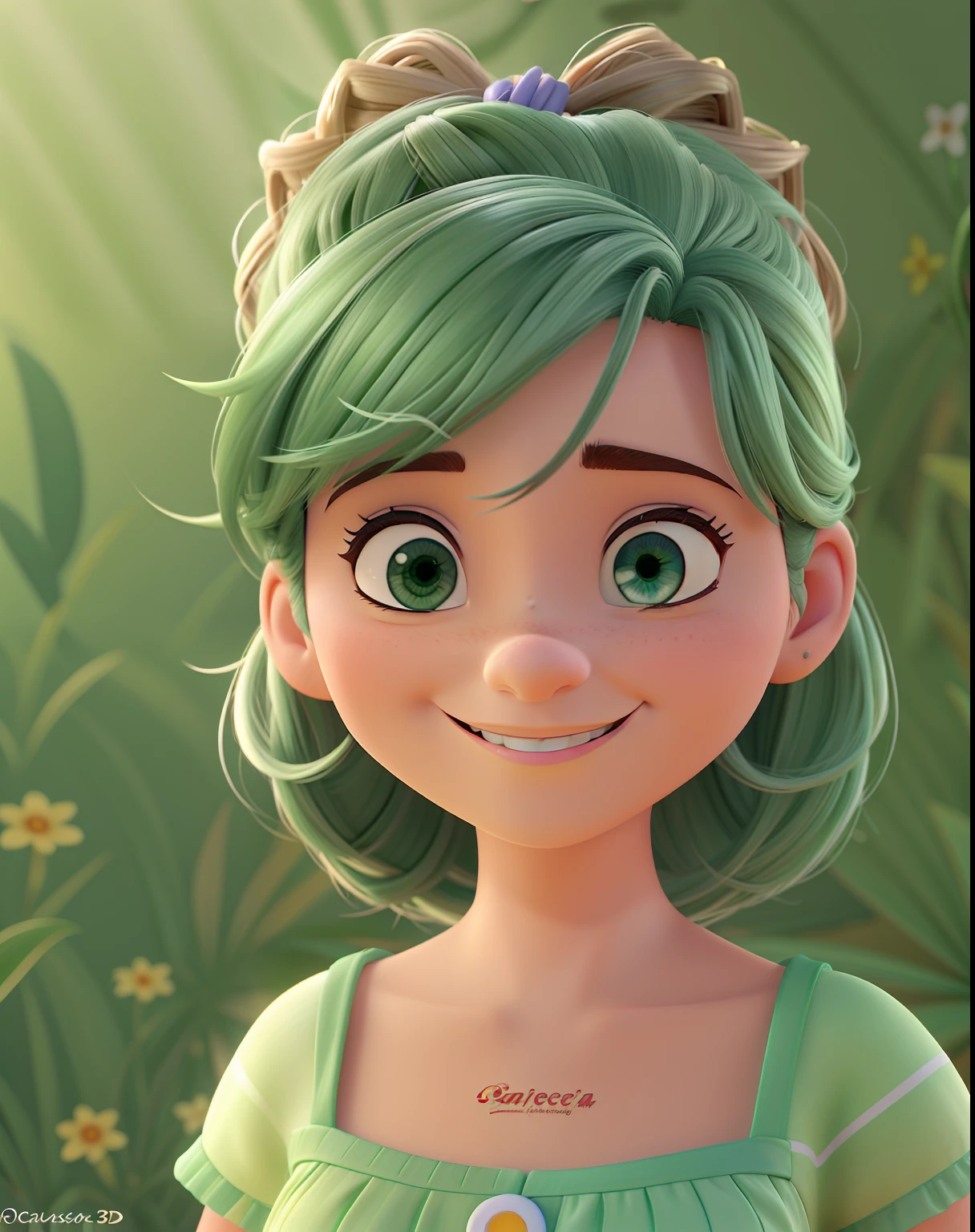 Desenho 3D, estilo Disney pixar, uma mulher de 29 anos, sorrindo, cabelos. castanhos , olhos verdes, com jaleco branco, com plano fundo parede branca com desenhos infantis,