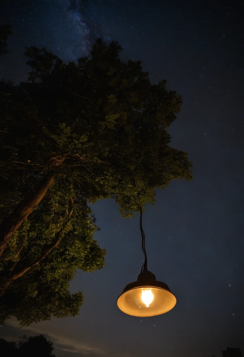 Jovem senta-se na relva a ler um jornal, cabelos pretos, sorriso delicado, olhos castanhos brilhantes, looking up at the sky, lamp light, corpo inteiro, under a huge tree, farthest view, uma tenda ao fundo, Starry sky, noite iluminada, photo effect, 8k, super detalhado, hyper realistic.
