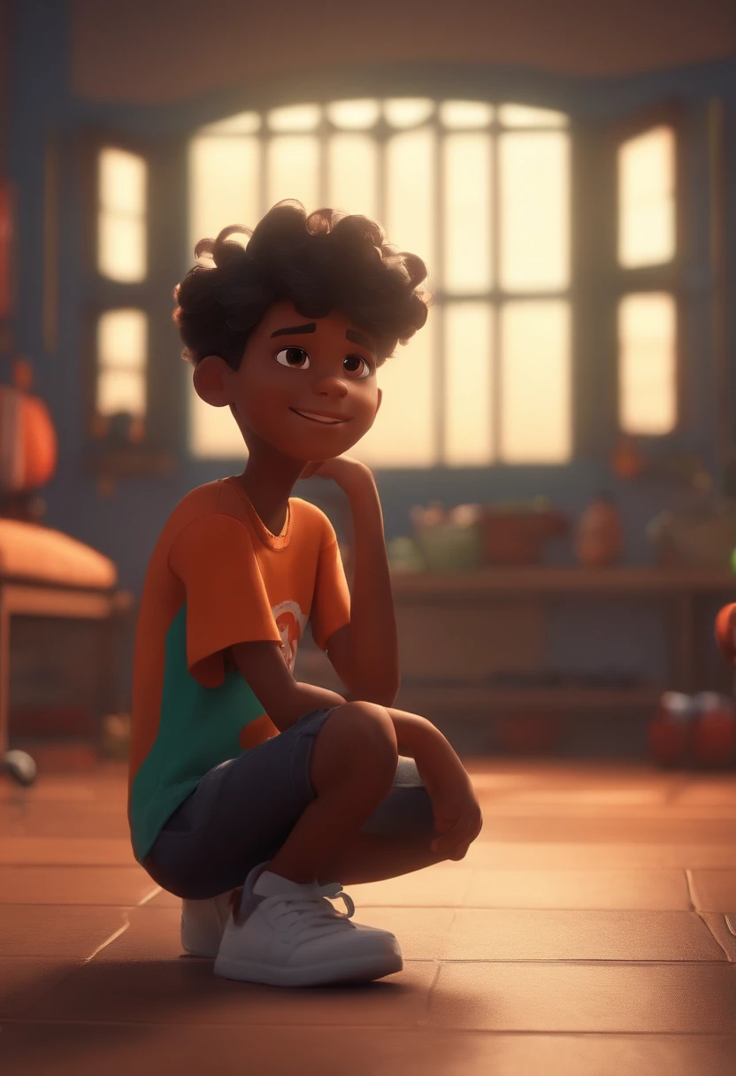 Image of a boy for a story in a YouTube video in Pixar format, He's the little allabester, He's the class leader, He's outgoing, Playful and gets up for a lot of things, cabelo curto preto fundo de games roblox