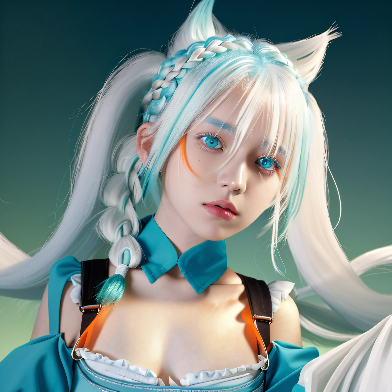 1girl, orange sleeves, white hair, white skin, light blue hair ornament, blue suspenders, blue clothes, light green eyes, bare feet, double braids